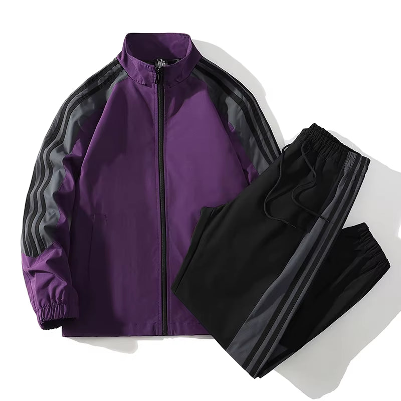 Sports Suit Men'S Spring and Autumn Striped Stand up Collar Jacket and Pants Paired with Running and Fitness Two-Piece Set