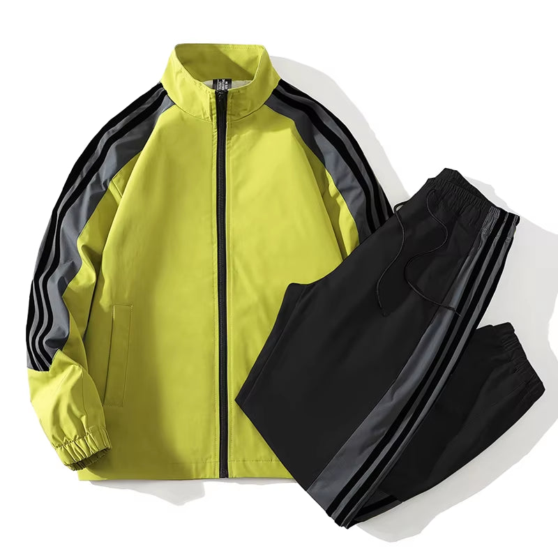 Sports Suit Men'S Spring and Autumn Striped Stand up Collar Jacket and Pants Paired with Running and Fitness Two-Piece Set